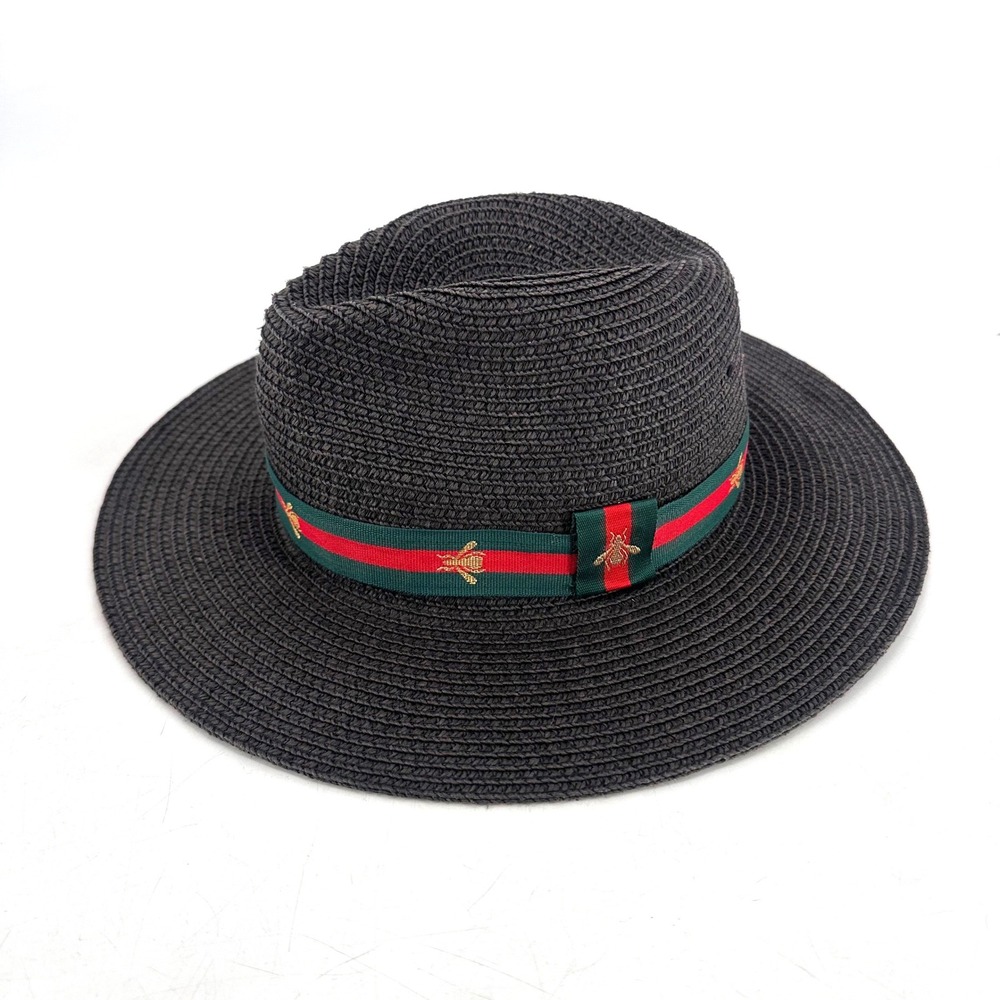 Chicella Womens Straw Fedora Hat Black‎ Bee Red Ribbon Wide Brim Sun Hat